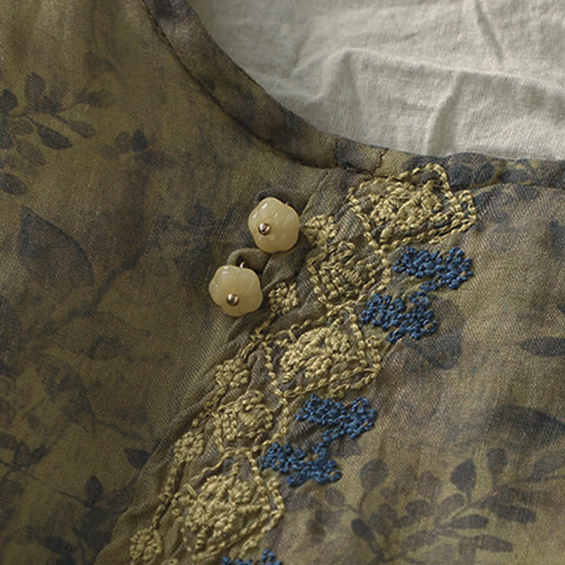 Buddha Stones刺繍デザイン 葉っぱ柄 レディース 七分袖シャツ - image 16