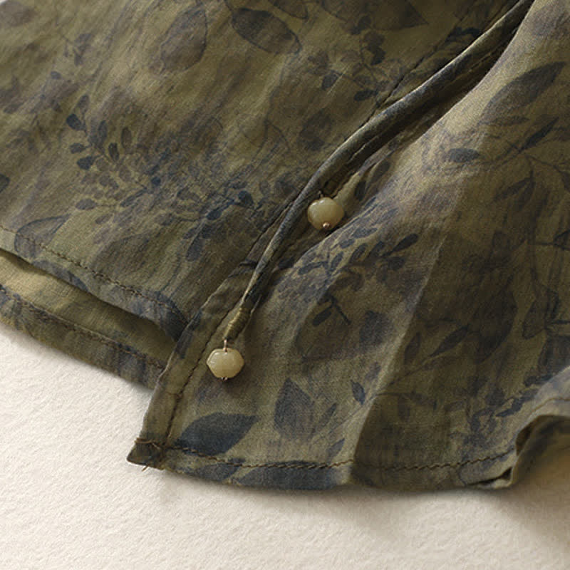 Buddha Stones刺繍デザイン 葉柄 レディース コットンリネン 七分袖シャツ - image 18