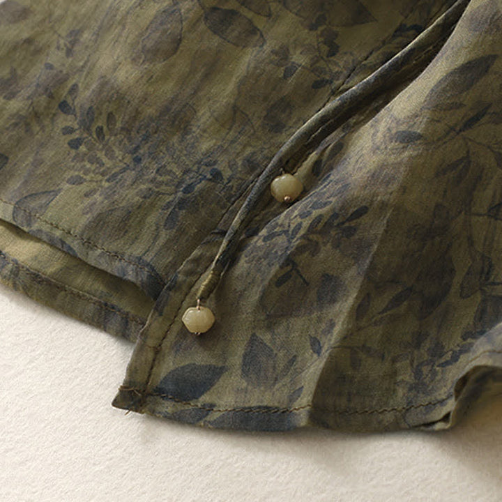 Buddha Stones刺繍デザイン 葉柄 レディース コットンリネン 七分袖シャツ - image 18