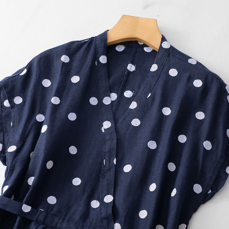Buddha Stonesポルカドット Vネック レースアップ レディース ミディ丈ワンピース ポケット付き - image 1
