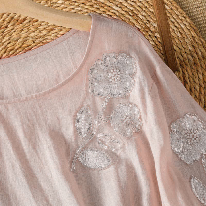 Buddha Stones 夏物カジュアルエレガント刺繍入りホワイト花柄クルーネックレディース長袖Tシャツ - image 2