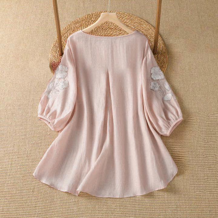 Buddha Stones 夏物カジュアルエレガント刺繍入りホワイト花柄クルーネックレディース長袖Tシャツ - image 1