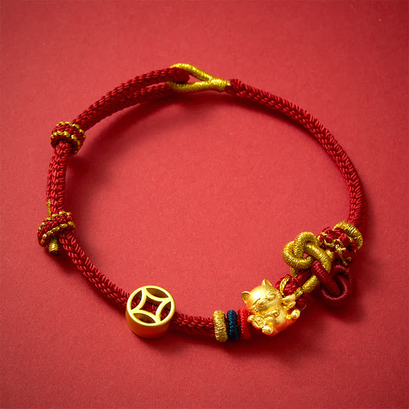 Buddha Stones ゴールデン招き猫赤紐付きお守り編み込みブレスレット - image 1