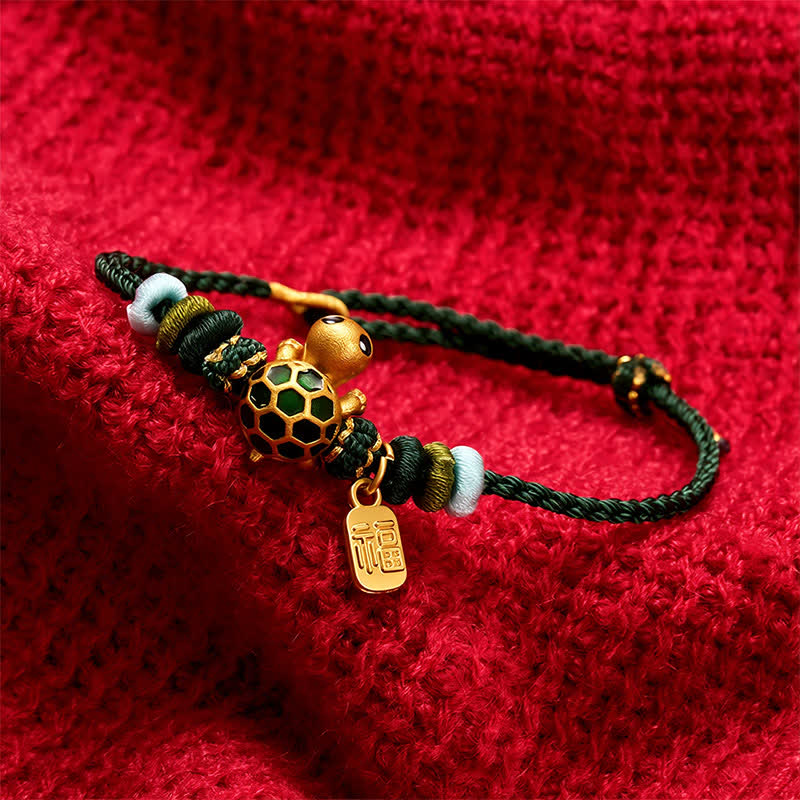 Buddha Stones 手織りの赤紐で編まれた亀の福の文字の耐久ブレスレット - image 3
