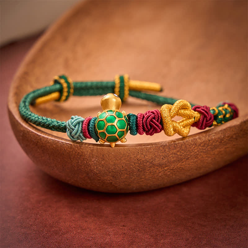 Buddha Stones 手織り銅製亀モチーフの赤紐守護ブレスレット - image 11