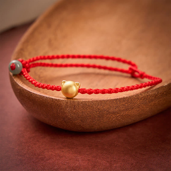 Buddha Stones 銅製の猫の頭と翡翠の赤紐が繋がったブレスレット - image 2