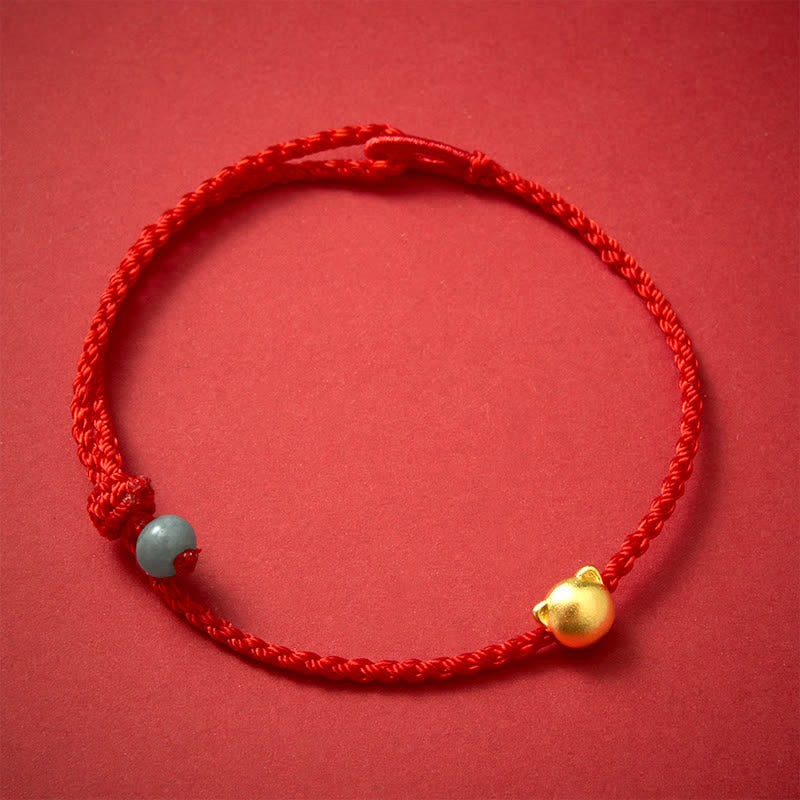 Buddha Stones 銅製の猫の頭と翡翠の赤紐が繋がったブレスレット - 赤紐（守護♥幸運） - image 0