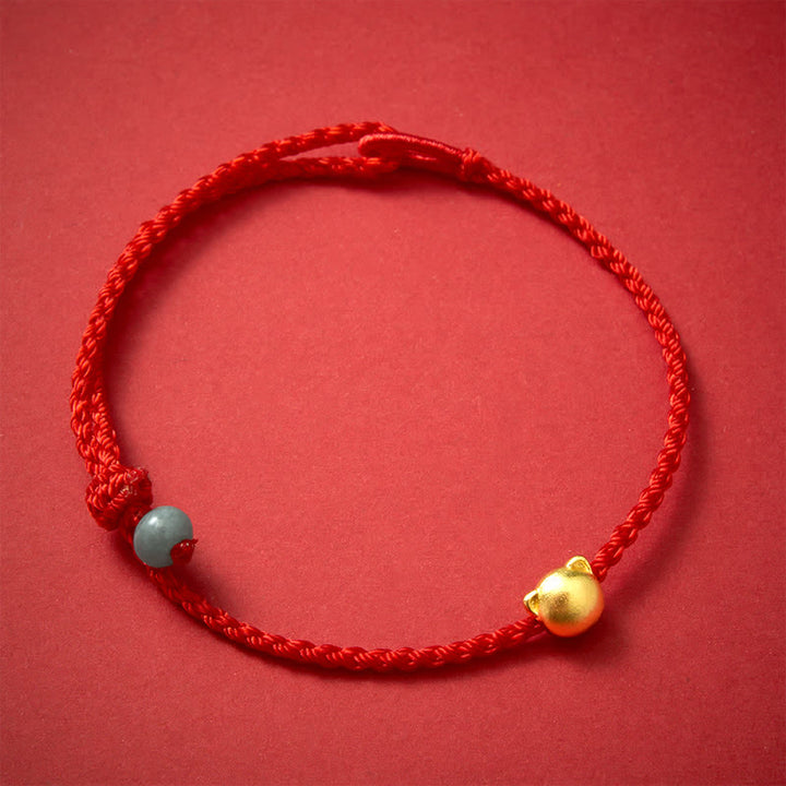 Buddha Stones 銅製の猫の頭と翡翠の赤紐が繋がったブレスレット - 赤紐（守護♥幸運） - image 0