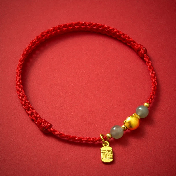 Buddha Stones 和田玉 福字銅猫赤紐ブレスレット - image 1