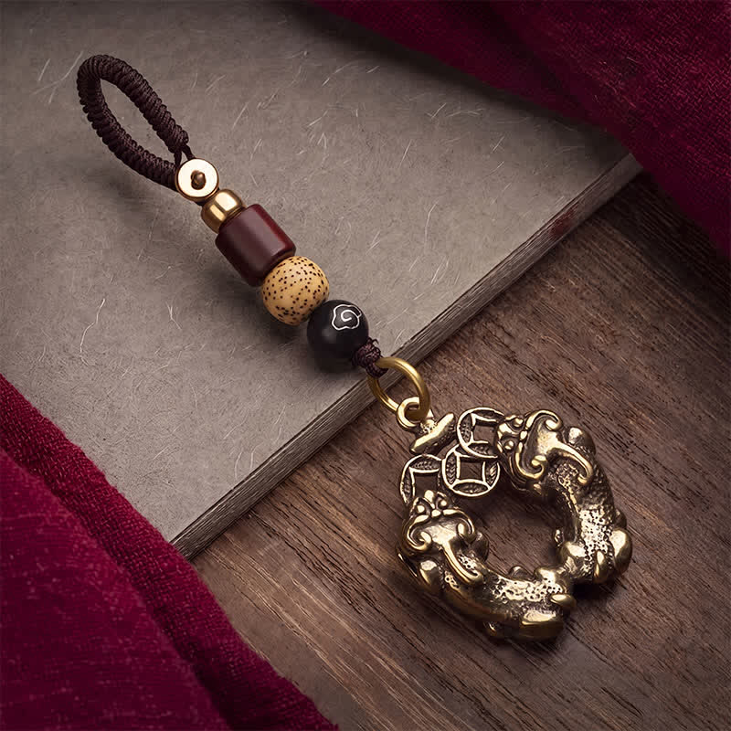 Buddha Stones ヴィンテージ ダブル貔貅 中国コイン 富 真鍮キーホルダー - image 1