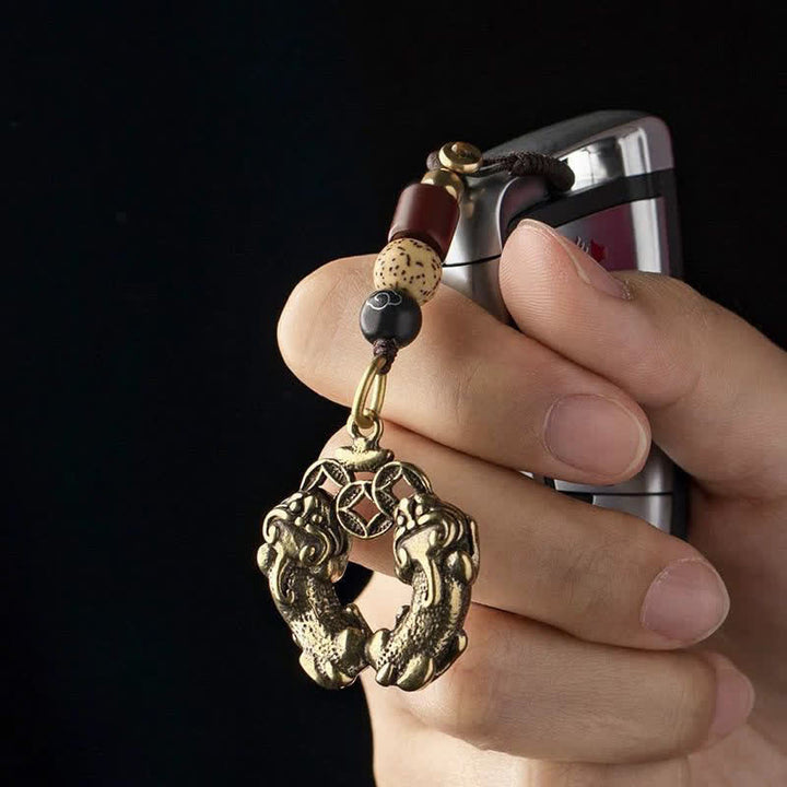 Buddha Stones ヴィンテージ ダブル貔貅 中国コイン 富 真鍮キーホルダー - image 3