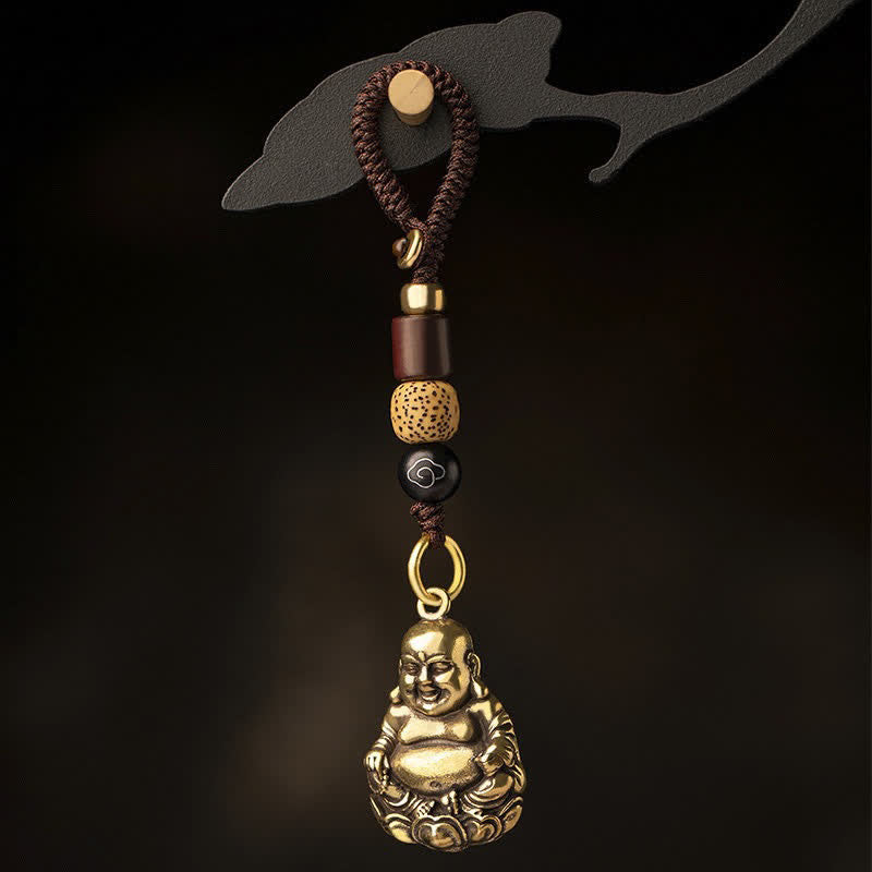 Buddha Stones 真鍮製の笑う仏陀の幸運を象徴する編み込みキーホルダー - 紐付き笑う仏陀（ペンダントサイズ：33×22×0.8mm） - image 0