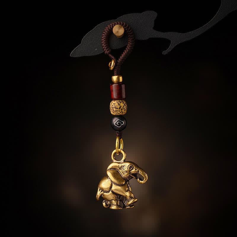 Buddha Stones ヴィンテージ真鍮製象五帝銭幸運キーホルダー - 縁起の良い雲の紐をつけた象 - image 0