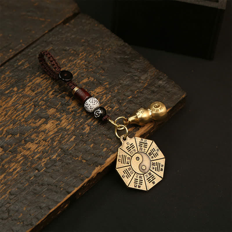 Buddha Stones ヴィンテージ真鍮八卦貅五帝銭ペンダント護符陰陽キーホルダー - 八卦板とひょうたん - image 2