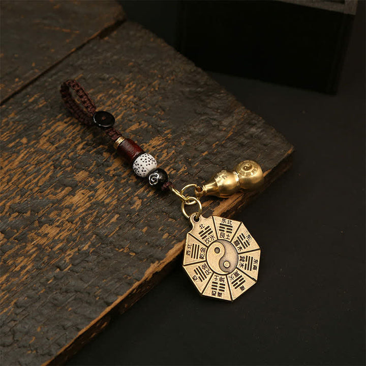 Buddha Stones ヴィンテージ真鍮八卦貅五帝銭ペンダント護符陰陽キーホルダー - 八卦板とひょうたん - image 2