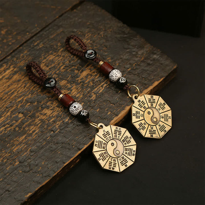 Buddha Stones ヴィンテージ真鍮八卦貅五帝銭ペンダント護符陰陽キーホルダー - image 0