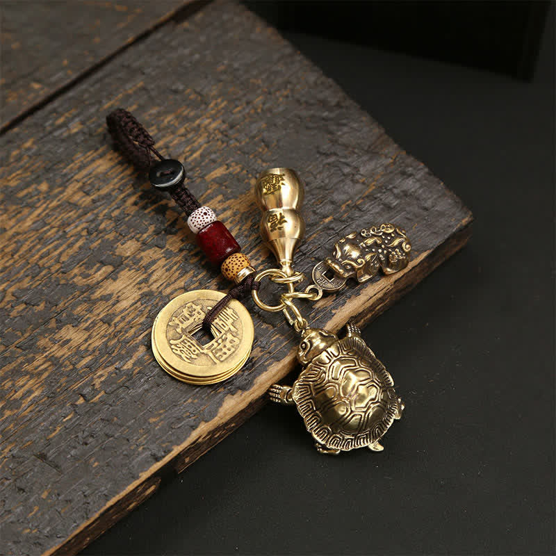 Buddha Stones 関節可動式真鍮製カメ型豊かさのお守りキーホルダー - ひょうたん、五帝銭、貔貅を携えた関節式亀 - image 4
