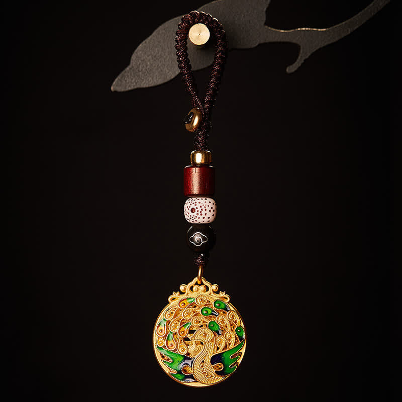 Buddha Stones ヴィンテージ 孔雀 フー文字 銅製チャーム キーホルダー - 孔雀のペンダントキーホルダー - image 1