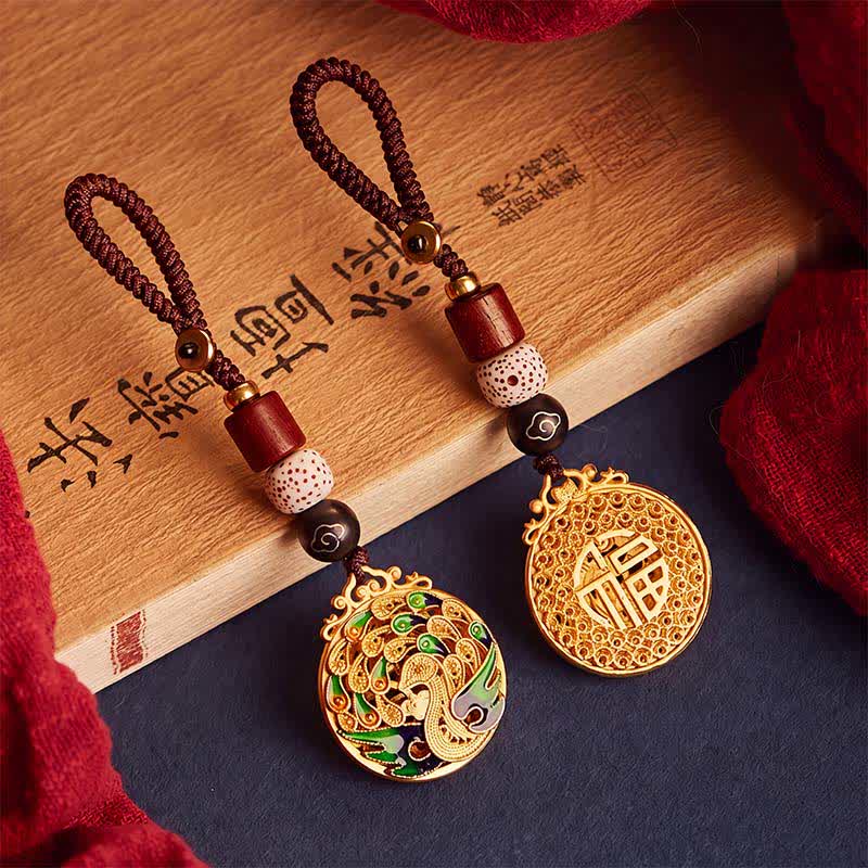 Buddha Stones ヴィンテージ 孔雀 フー文字 銅製チャーム キーホルダー - image 0