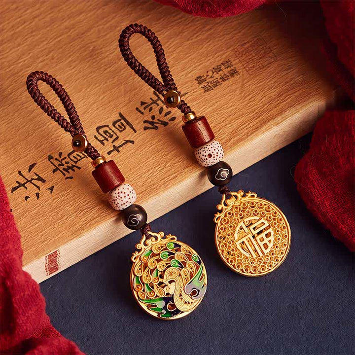 Buddha Stones ヴィンテージ 孔雀 フー文字 銅製チャーム キーホルダー - image 0