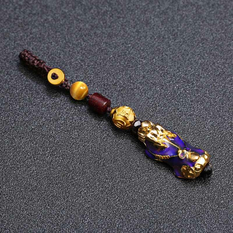Buddha Stones 真鍮色変化貔貅財運エネルギー編み込みロープカーキーホルダー - image 1