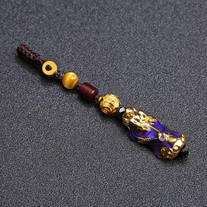 Buddha Stones 真鍮色変化貔貅財運エネルギー編み込みロープカーキーホルダー - image 1