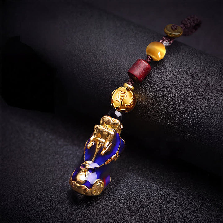 Buddha Stones 真鍮色変化貔貅財運エネルギー編み込みロープカーキーホルダー - 貔貅キーホルダー（ペンダントサイズ：33×15×13mm） - image 0