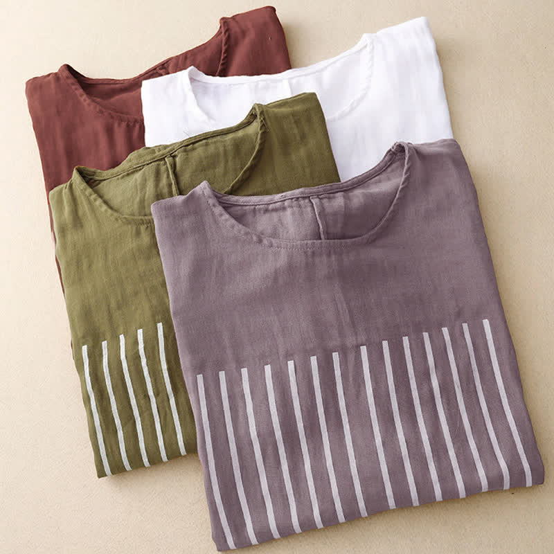 Buddha Stonesカジュアルラインプリント柄半袖コットンリネンレディースTシャツ - image 21