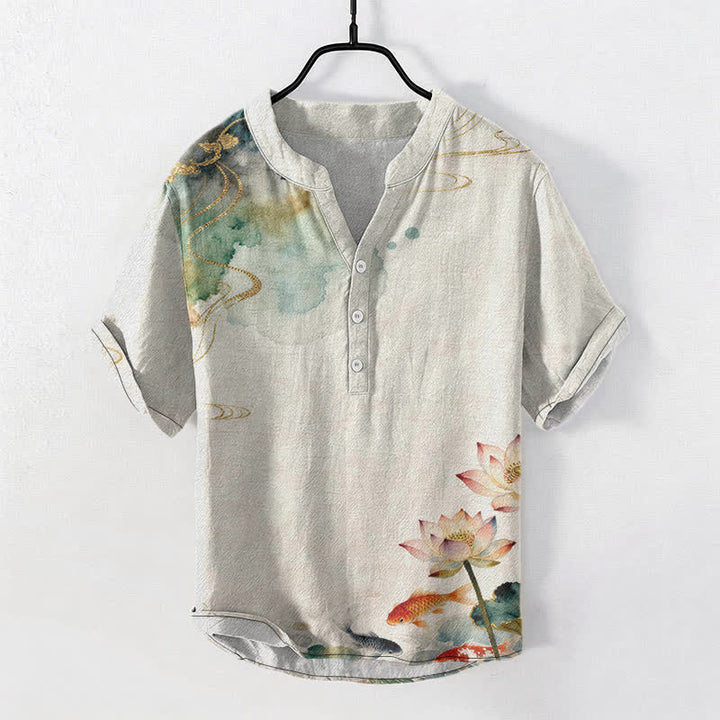 Buddha Stones コットン製鯉と蓮の模様のメンズ半袖ハーフボタンシャツ - リネン - US/UK/AU50、EU60（5XL） - image 0