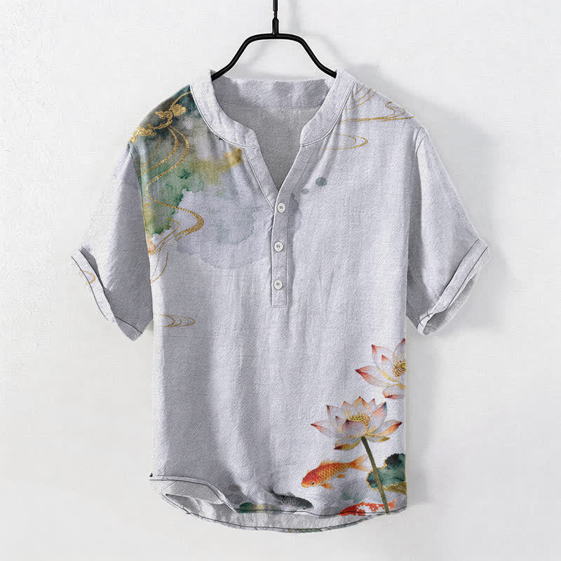Buddha Stones コットン製鯉と蓮の模様のメンズ半袖ハーフボタンシャツ - 水色 - US/UK/AU50、EU60（5XL） - image 7