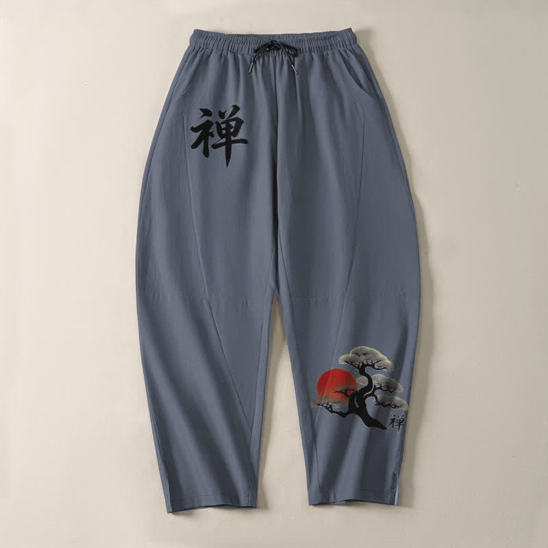 Buddha Stones 純綿素材、禅盆栽夕焼け柄、ドローストリング付きメンズテーパードパンツ（ポケット付き） - image 2