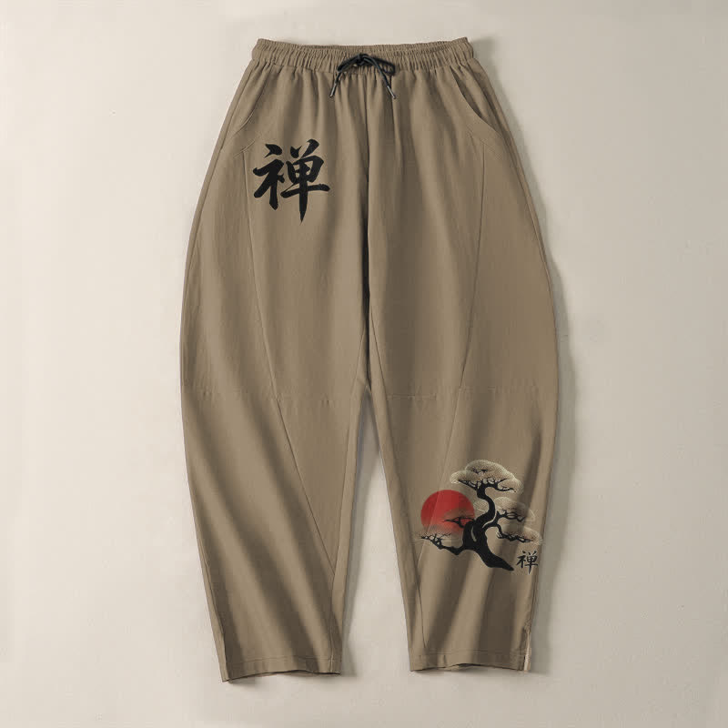 Buddha Stones 純綿素材、禅盆栽夕焼け柄、ドローストリング付きメンズテーパードパンツ（ポケット付き） - image 13