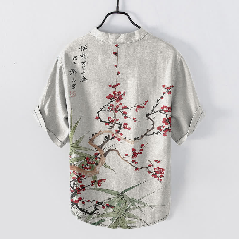 Buddha Stones 綿素材の梅の花と竹の模様のメンズ半袖ハーフボタンシャツ - image 1