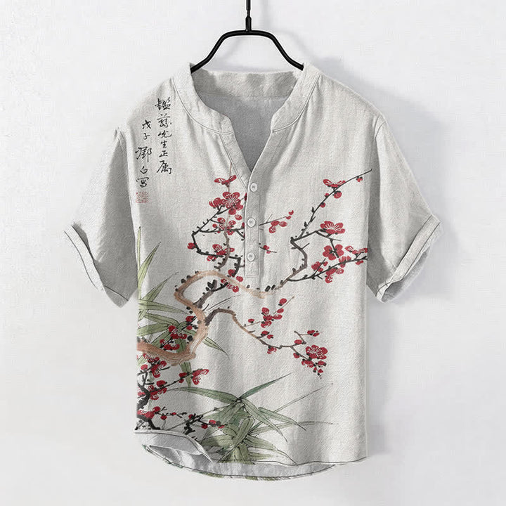 Buddha Stones 綿素材の梅の花と竹の模様のメンズ半袖ハーフボタンシャツ - 白 - US/UK/AU50、EU60（5XL） - image 0
