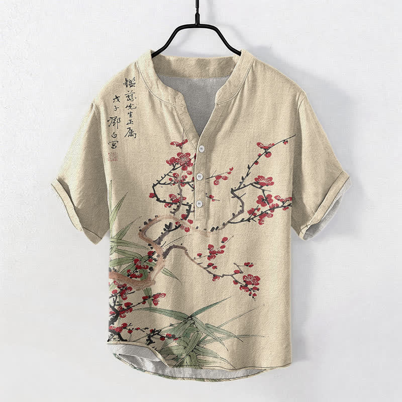 Buddha Stones 綿素材の梅の花と竹の模様のメンズ半袖ハーフボタンシャツ - リネン - US/UK/AU50、EU60（5XL） - image 5