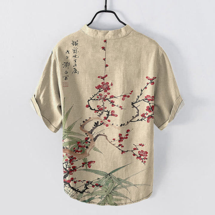 Buddha Stones 綿素材の梅の花と竹の模様のメンズ半袖ハーフボタンシャツ - image 6