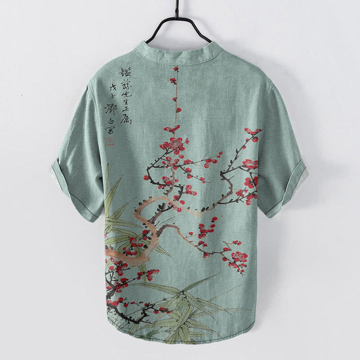 Buddha Stones 綿素材の梅の花と竹の模様のメンズ半袖ハーフボタンシャツ - image 8