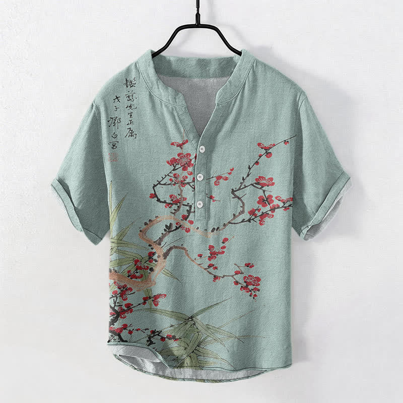 Buddha Stones 綿素材の梅の花と竹の模様のメンズ半袖ハーフボタンシャツ - ターコイズ - US/UK/AU50、EU60（5XL） - image 7