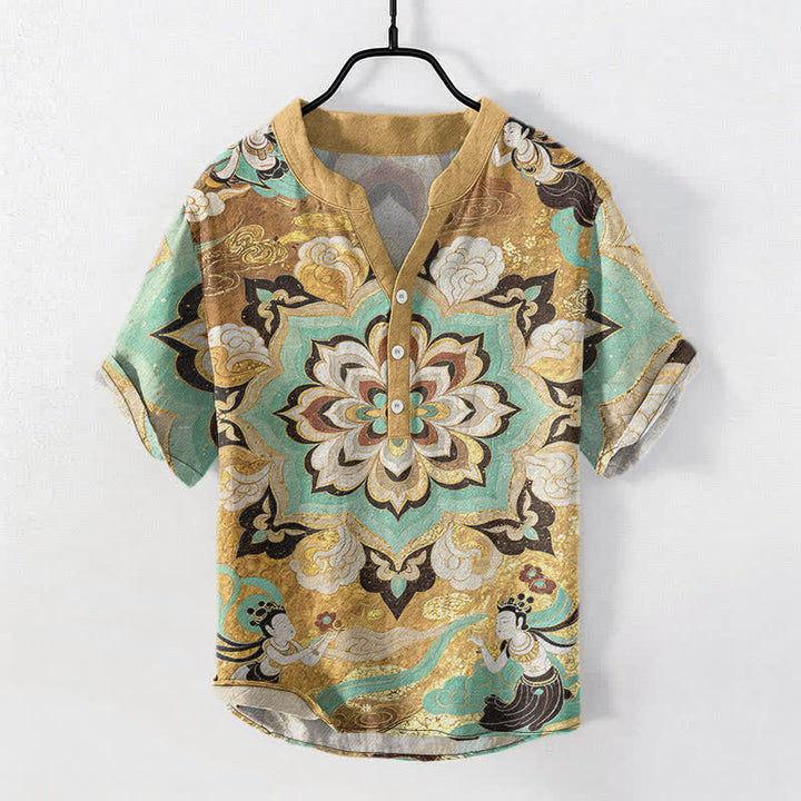 Buddha Stones コットン製マンダラロータス柄メンズ半袖ハーフボタンシャツ - 金 - US/UK/AU50、EU60（5XL） - image 0