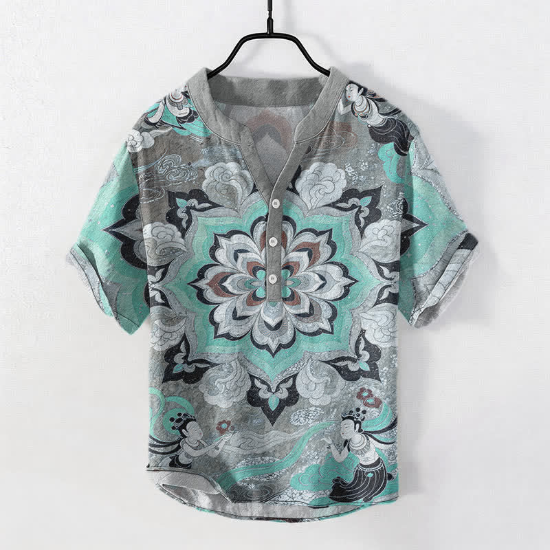 Buddha Stones コットン製マンダラロータス柄メンズ半袖ハーフボタンシャツ - ターコイズ - US/UK/AU50、EU60（5XL） - image 5