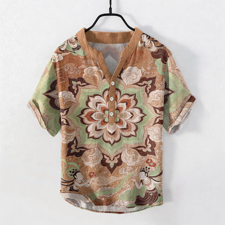 Buddha Stones コットン製マンダラロータス柄メンズ半袖ハーフボタンシャツ - バーリーウッド - US/UK/AU50、EU60（5XL） - image 7