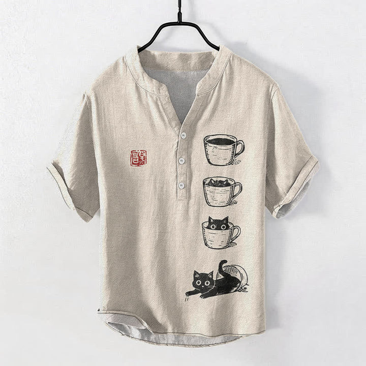 Buddha Stones コットン製重ねカップ猫柄メンズ半袖ハーフボタンシャツ - ベージュ - US/UK/AU50、EU60（5XL） - image 0