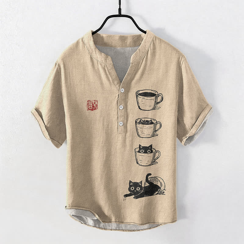 Buddha Stones コットン製重ねカップ猫柄メンズ半袖ハーフボタンシャツ - タン - US/UK/AU50、EU60（5XL） - image 5