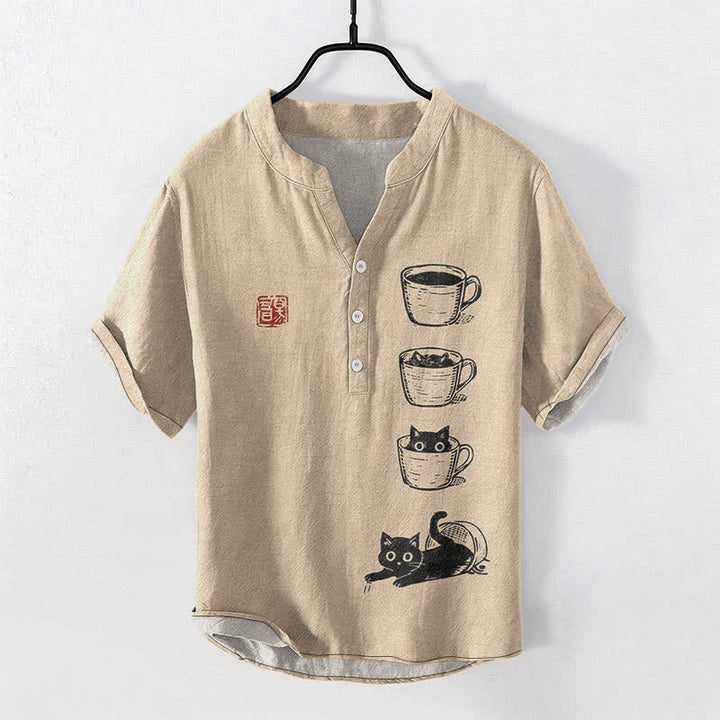 Buddha Stones コットン製重ねカップ猫柄メンズ半袖ハーフボタンシャツ - タン - US/UK/AU50、EU60（5XL） - image 5