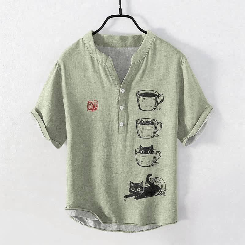 Buddha Stones コットン製重ねカップ猫柄メンズ半袖ハーフボタンシャツ - ダークシーグリーン - US/UK/AU50、EU60（5XL） - image 7