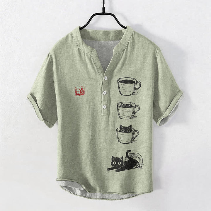 Buddha Stones コットン製重ねカップ猫柄メンズ半袖ハーフボタンシャツ - ダークシーグリーン - US/UK/AU50、EU60（5XL） - image 7