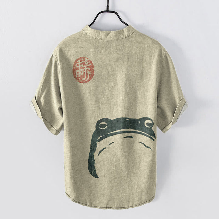Buddha Stones コットン製ヴィンテージカエルアザラシ柄メンズ半袖ハーフボタンシャツ - image 1