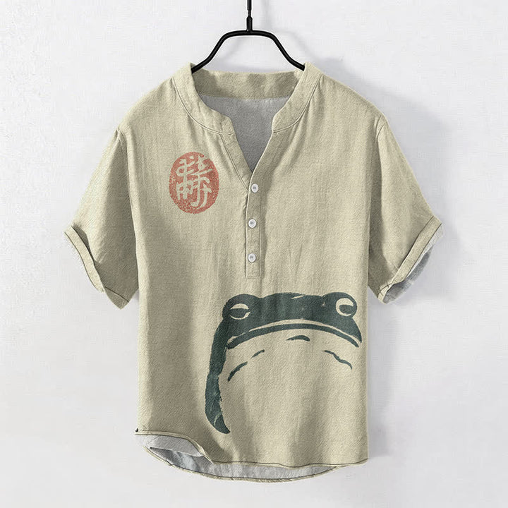 Buddha Stones コットン製ヴィンテージカエルアザラシ柄メンズ半袖ハーフボタンシャツ - ベージュ - US/UK/AU50、EU60（5XL） - image 0
