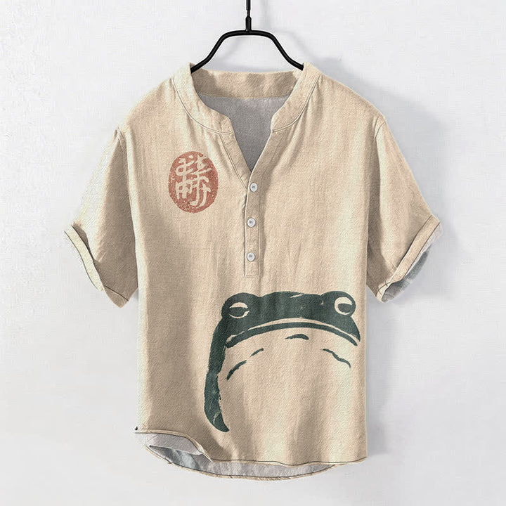 Buddha Stones コットン製ヴィンテージカエルアザラシ柄メンズ半袖ハーフボタンシャツ - 小麦 - US/UK/AU50、EU60（5XL） - image 5
