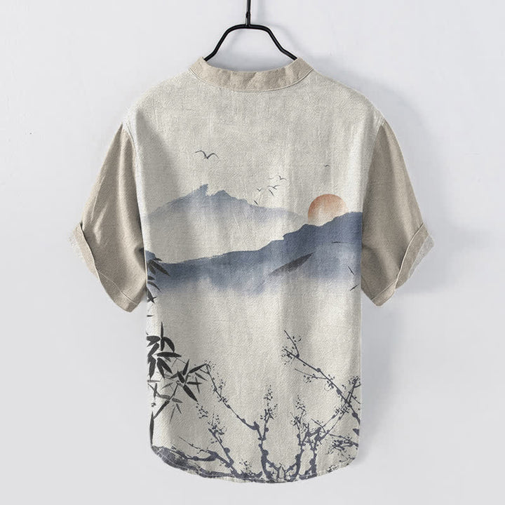 Buddha Stones コットンインク マウンテンサン柄 メンズ 半袖ハーフボタンシャツ - image 1